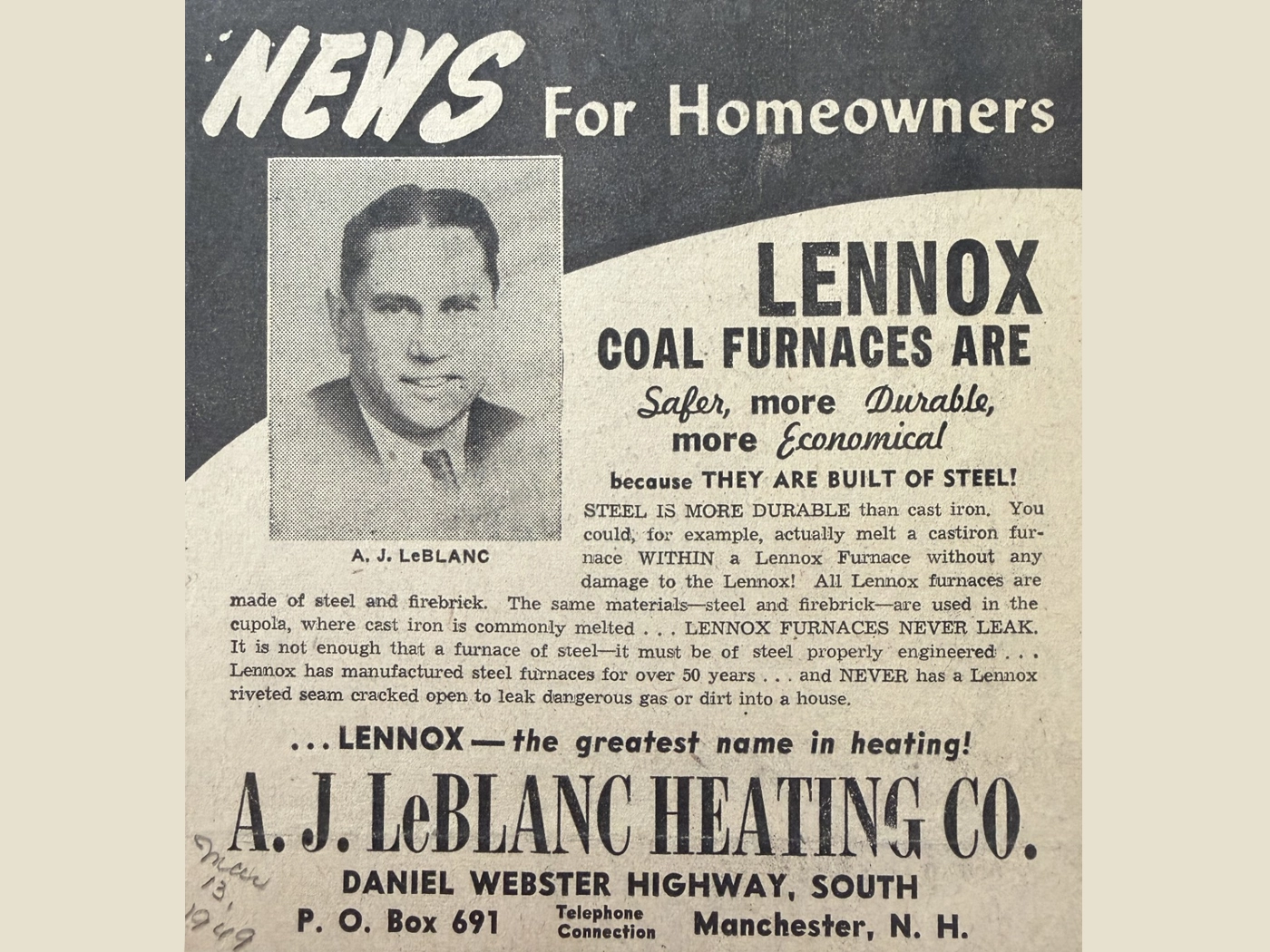 A.J. LeBlanc Heating newspaper ad from the 1940s