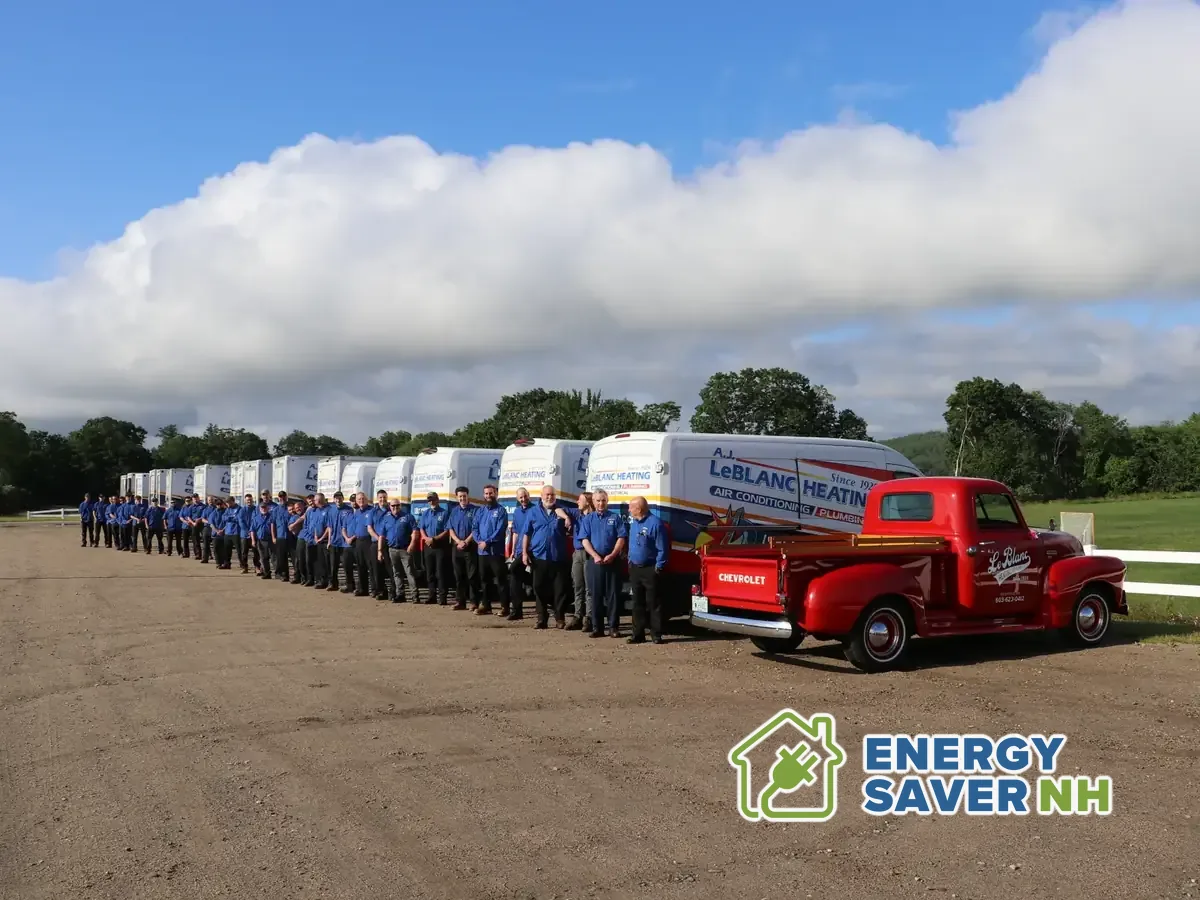 A.J. LeBlanc Heating team and service vehicles with the Energy Saver NH logo