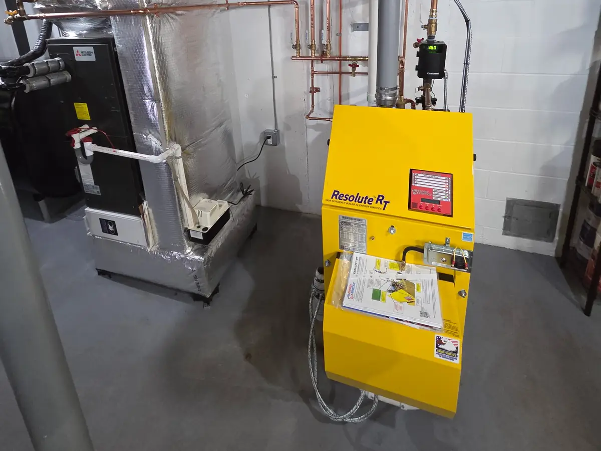 Energy Kinetics Resolute RT high-efficiency oil boiler installation in a Southern NH basement