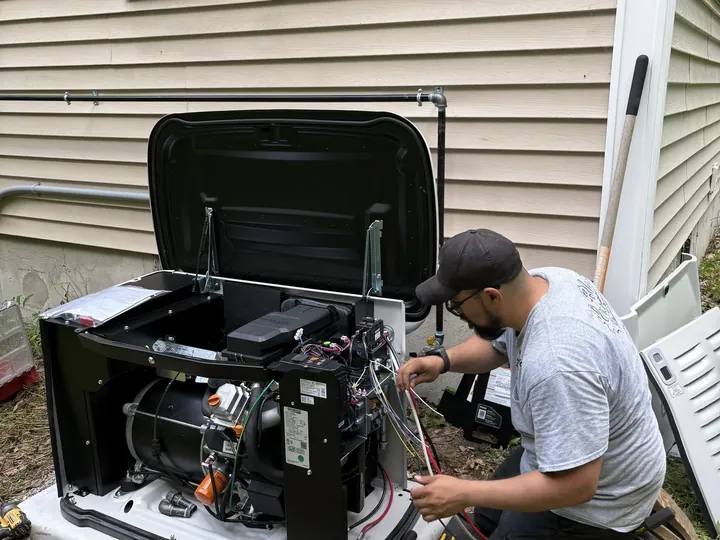 A.J. LeBlanc Heating technician wiring a Generac whole-home standby generator with the hood open during installation at a Southern NH home