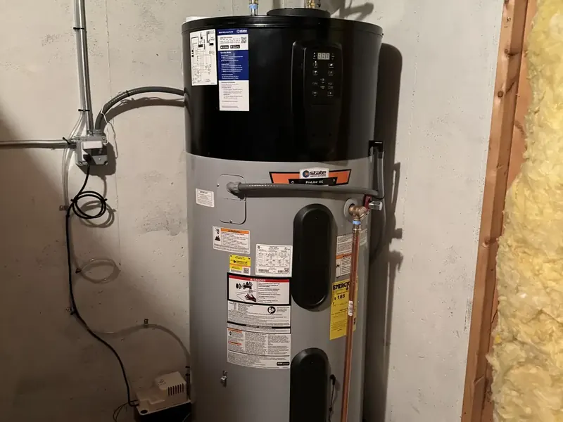 Hybrid State water heater (ProLine XE) installed by A.J. LeBlanc Heating in a Southern NH basement