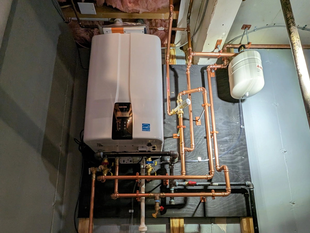 Navien tankless on-demand water heater installed by A.J. LeBlanc Heating in New Hampshire