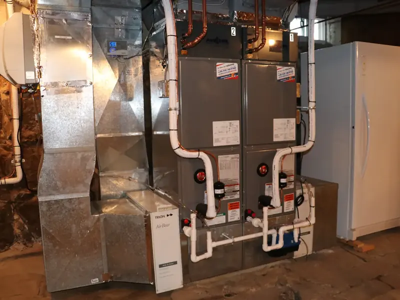 Dual Rheem indoor air handlers installed in a Southern NH basement by A.J. LeBlanc Heating
