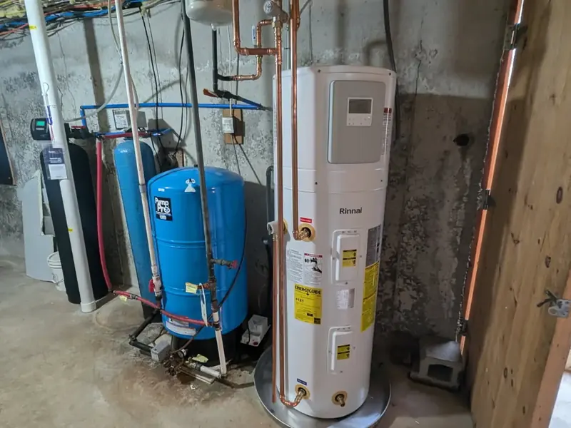 Rinnai hybrid water heater installed by A.J. LeBlanc Heating in a Southern NH basement