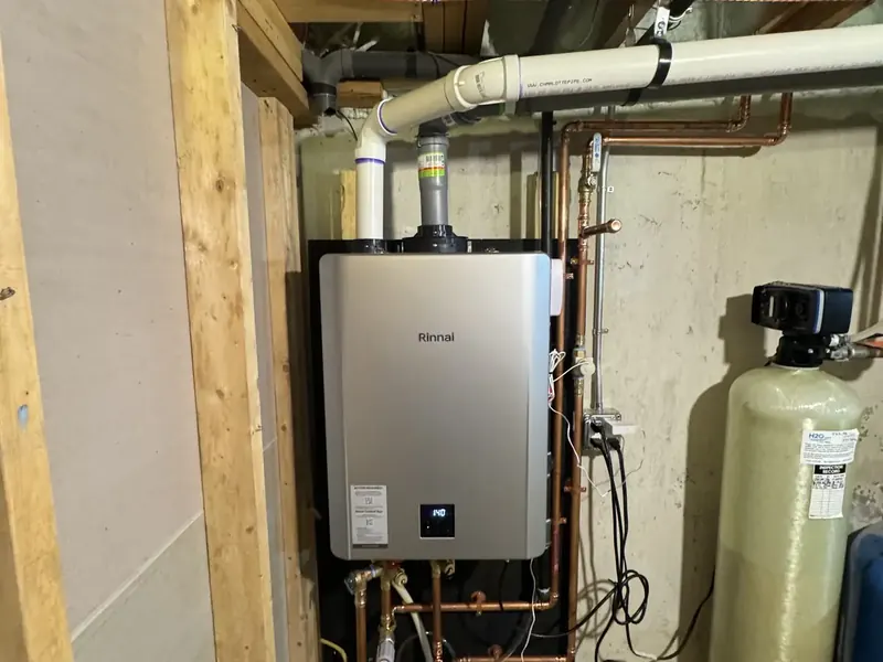 Tankless Rinnai water heater installed by A.J. LeBlanc Heating in a Southern NH home