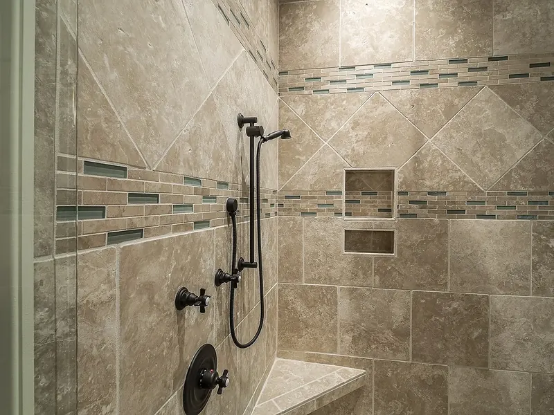 Travertine tile shower with oil-rubbed bronze fixtures, handheld wand on slide bar, and glass mosaic accent band installed by A.J. LeBlanc Heating in a Southern NH home