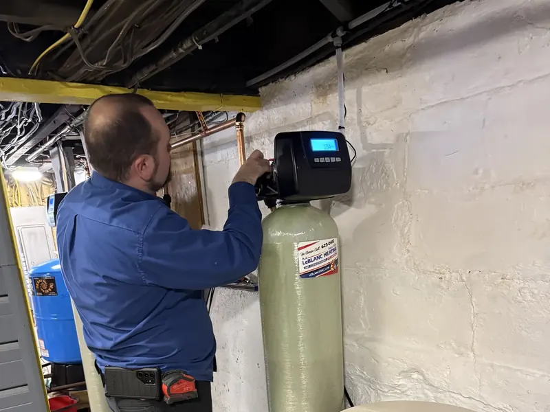 A.J. LeBlanc Heating licensed plumber programming the digital control head on a whole-house water filtration tank during a service call in Southern NH