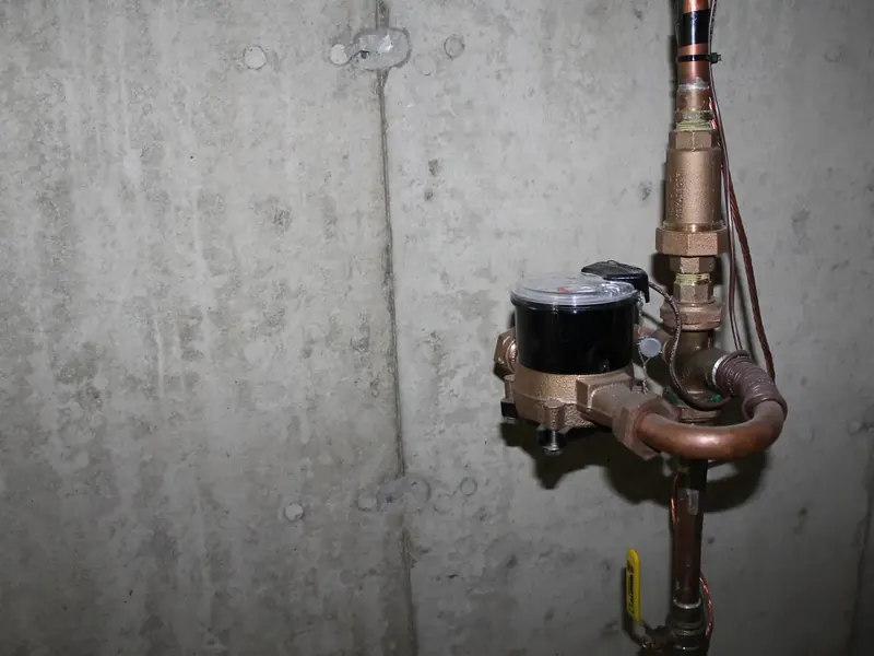 Residential water meter with copper plumbing service entrance inspected by A.J. LeBlanc Heating in a Southern NH basement